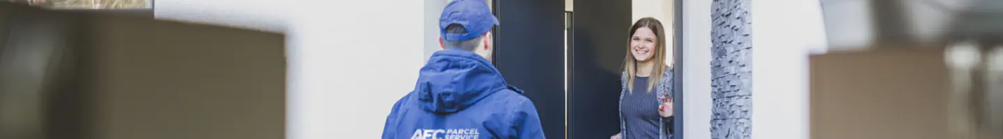 AEC parcel delivery courier and a customer